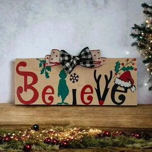 Handmade Grinch-Themed Glitter “Believe” Wooden Sign 11” x 5” Holiday Christmas